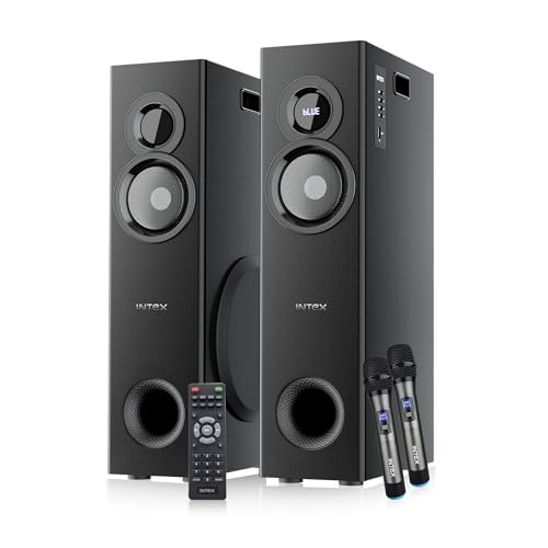 Image of Intex 1000-D Multimedia 100 Watt Bluetooth Tower Speaker | 2 Cordless Karaoke Mic & Party Speaker | LED Display & Triple Bass Boosted Drivers | Fully Remote Control (Black)