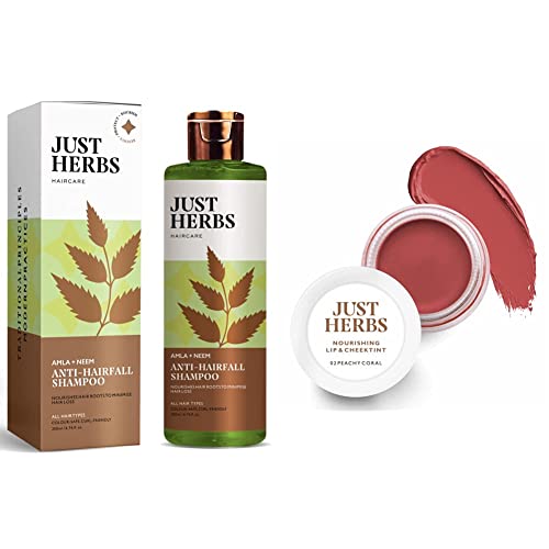Image of Just Herbs 8 In 1 Root Nourishing Amla Neem Hair Fall Control Shampoo 200 Ml & Just Herbs Ayurvedic, Natural Lip & Cheek Tint, Blush For Women- 02 Peachy Coral (Creamy Matte)
