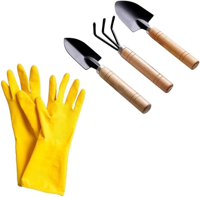 Gardening Tools Combo Set, 4 Pieces, Reusable Household Cleaning Multi-Use Gloves with Stainless Steel Heavy Duty Multifunctional Wooden Handle Garden Tool