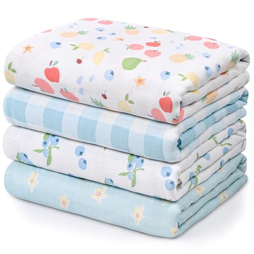 Image of GLLQUEN BABY Muslin Swaddle Blankets 4-Pack Breathable Receiving Blankets (35 inch x 40 inch) Soft Baby Blankets for Girls and Boys Newborn Essentials Muslin Swaddle Wrap Baby Gift(Azure Berry Dream)