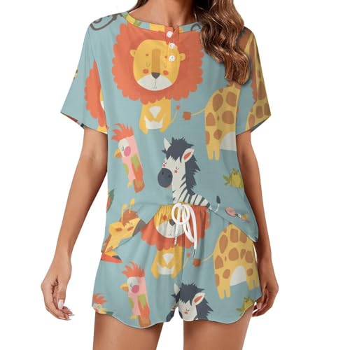 Ensemble pyjama manches courtes femme imprimé lion girafe sleepwear respirant