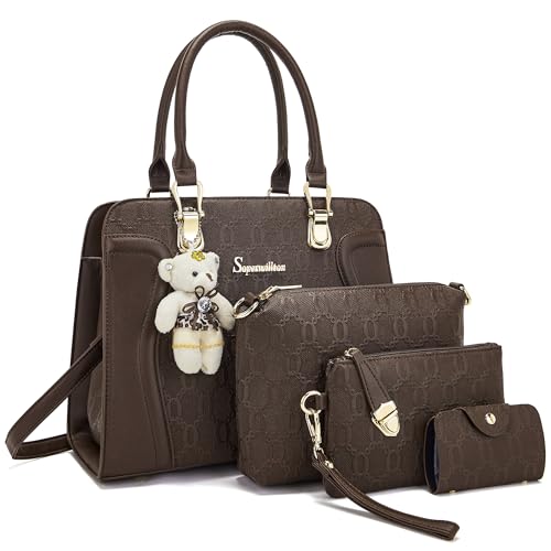 Image of Women's Fashion Handbag Tote Bag Shoulder Top Handle Satchel Purse Set 4pcs | Stylish Style,Chain Texture Design,Ample Space,Bear Doll Decoration,with a Crossbody Strap