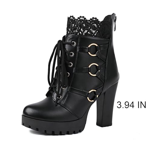 Image of FOREADA Goth Platform Heel Combat Boots Women Pearl Lace Victorian Booties