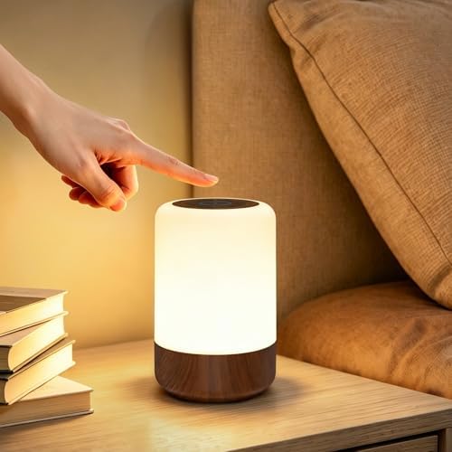 Görvitor LED Nachttischlampe Touch Dimmbar, Tischlampe Kabellos mit 8 Farben und 3 Modi, Holzmaserung Nachtlicht Batterie USB-Aufladung mit Timer für Schlafzimmer Wohnzimmer