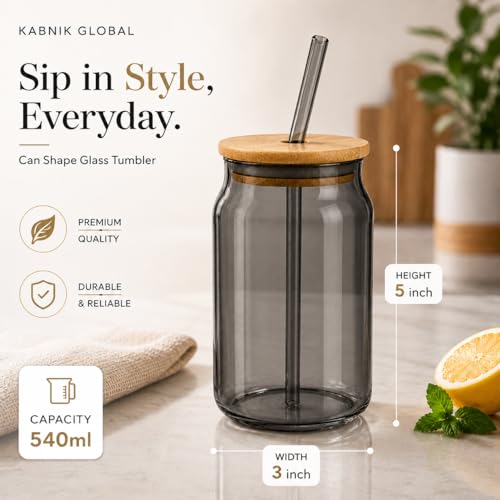 Image of Glass Tumblers with Wooden Lid and Glass Straw, 540ml, Borosilicate Glass, for Coffee, Iced Coffee, Juice and Smoothies, Coffee Mug, Sipper (Grey - Can Shape)