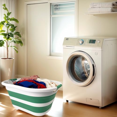 Image of SAMMART 40L (10.5 gallon) Set of 2 Collapsible Plastic Laundry Hamper - Foldable Pop Up Storage Container /Organizer - Portable Washing Tub - Space Saving Basket (2, White /Winter Green)