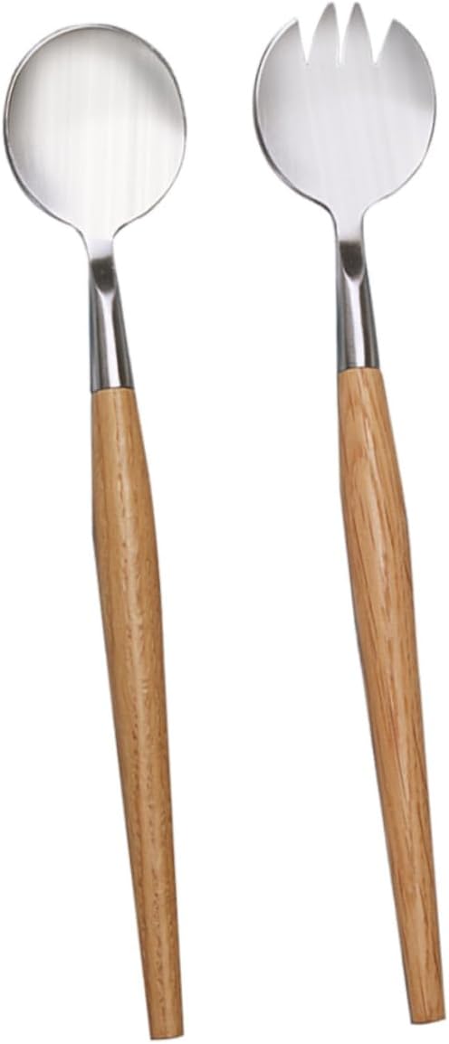 2pcs Salad Fork Spoon Set Silverware Salad Servers Stainless Steel Wooden Handle Party Cutlery