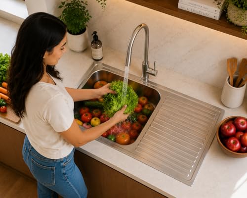 Image of Stainless Steel Kitchen Sink 37x18 Inch with Drain Board | Single Bowl Sink with Drainer | Includes SS Waste Coupling & PVC Pipe | Rust Proof Finish