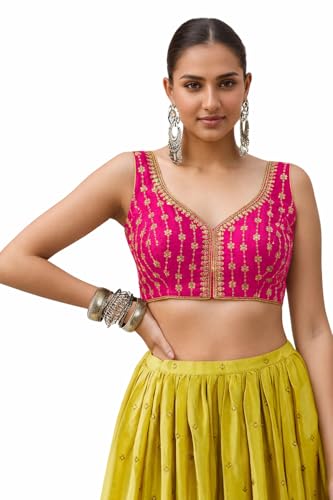 Image of TRENDMALLS Women's Dhupion Silk Embroidery Sequence Work V Neck Sleeveless Blouse Choli Stylish Saree Blouse Ready to Wear