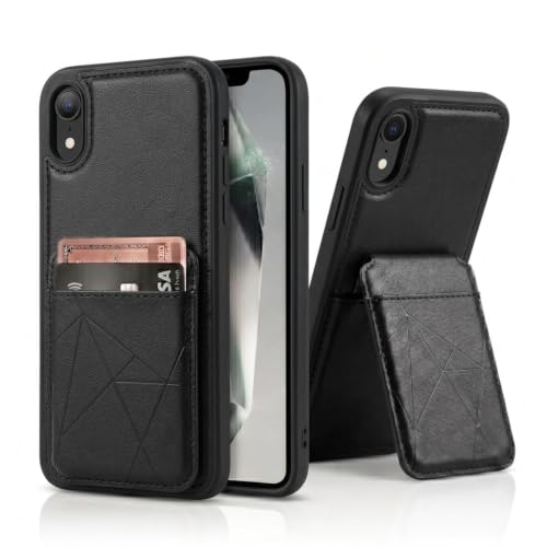 Image of amazon basics Premium Vegan Leather Back Cover with Card Holder and Integrated Mobile Stand for iPhone XR - Slim Shockproof Wallet Case with Geometric Stitching [Black]