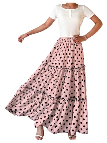 WDIRARA Women's Polka Dots Ruffle Maxi Skirt High Waisted A Line Flowy Long Skirts