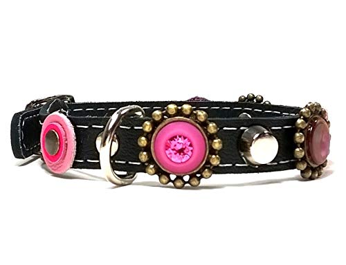 Superpipapo Luxury Safety Leather Female Cat Collar - Original Comfortable and Safe Handmade Quality Design - Bling with Velvet Pink Purple Violet Lila Flowers and Jewellery Stones