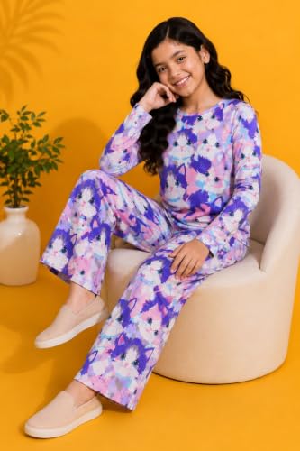 Image of TotzTouch Girls Printed Pyjama Set | Full Sleeve Top with Wide Leg Pyjama Pants | Stylish Cotton Co-Ord Nightwear Set for Kids
