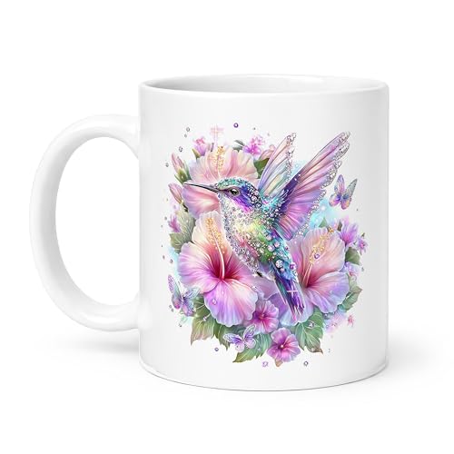 Spomo Hummingbird and Floral Design with Butterflies in Pastel and Jewel Tones Watercolor Style Vibrant Detailed Illustration Ceramic Mug Gift for Nature Lovers