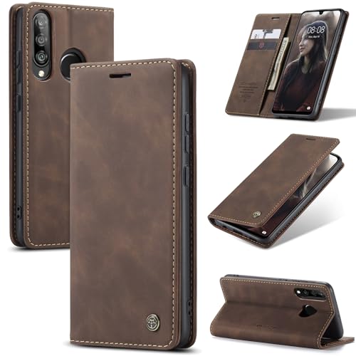 Ottcooed Handyhülle für Huawei P30 Lite Hülle, Premium Leder Flip Hülle, Magnet Klappbar Klapphülle Tasche, Standfunktion Kartenfach Wallet Schutzhülle für Huawei P30 Lite, Kaffee