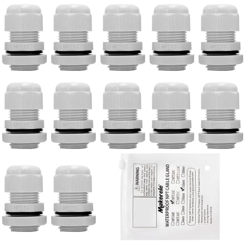 Image of MAKERELE 1 /2 NPT Nylon Cable Gland Strain Relief Connector Waterproof IP68 | 1 /2 Inch NPT, 12pcs, Grey Cable Gland, 6-12mm Cable Diameter with Gaskets, Wire Grommet, for Electrical Junction Box