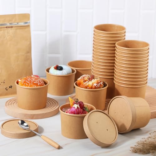 Image of Fulmoon 12 oz 100 Pack Paper Containers with Lids Soup Bowl Cup, Brown | Disposable Ice Cream Cup, Kraft Food Containers with Vented Lid Stackable for Hot Soup Dessert Cake Fruit Microwave Takeout