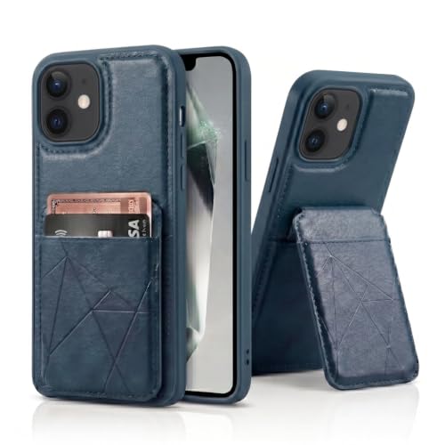 Image of amazon basics Premium Vegan Leather Back Cover with Card Holder and Integrated Mobile Stand for iPhone 11 - Slim Shockproof Wallet Case with Geometric Stitching [Blue]