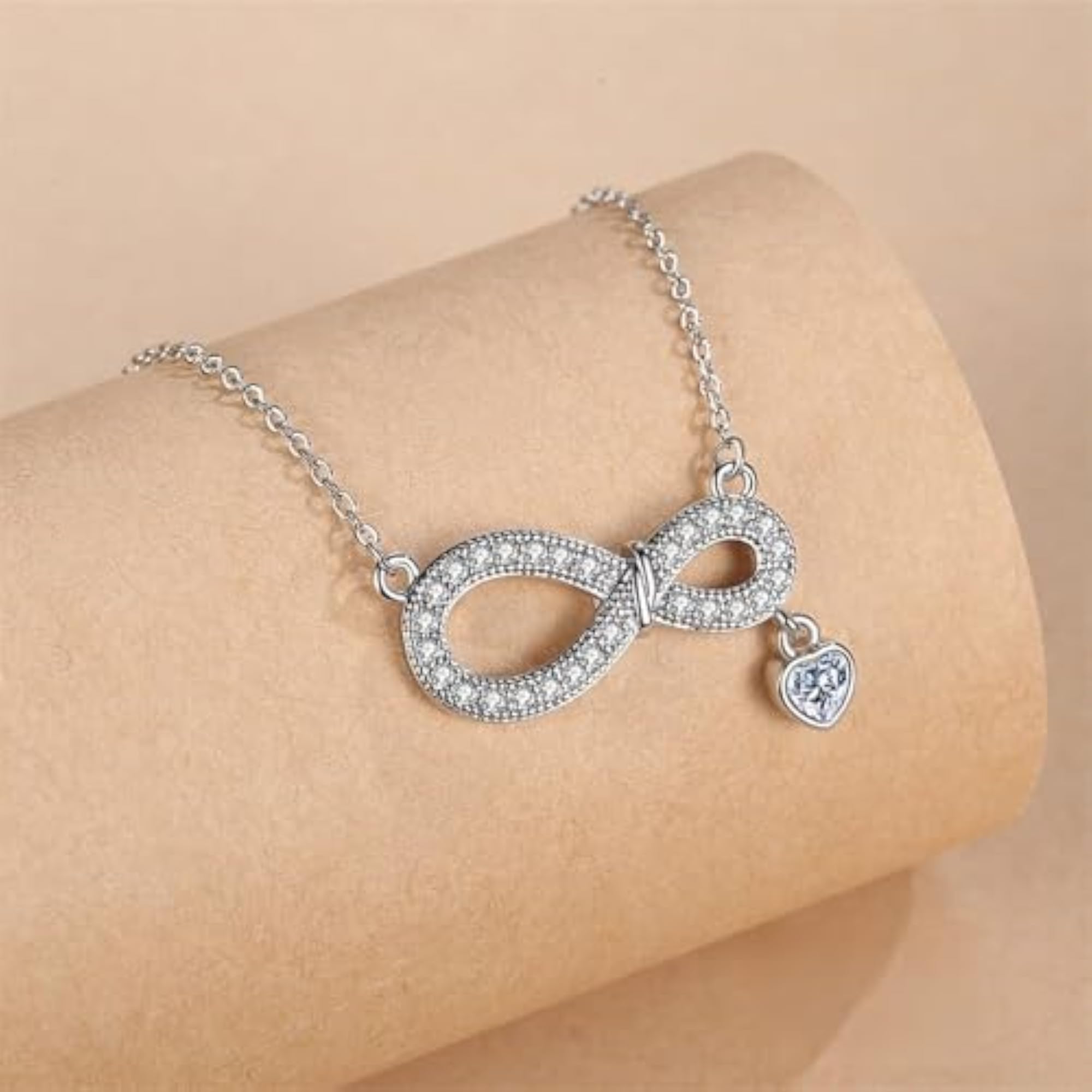 Silver AD Diamond Stone Infinity Heart Pendant Necklace