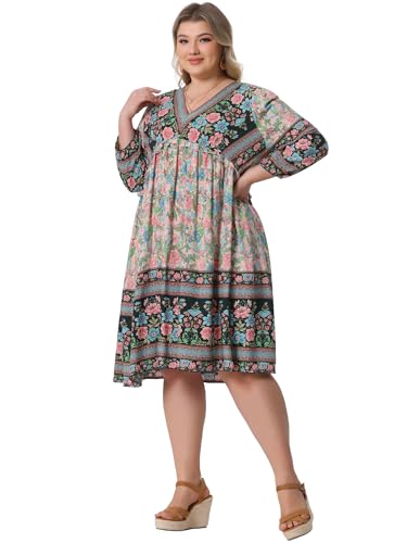 Image of Agnes Orinda Plus Size Summer Dress for Women Casual Boho Floral V Neck 3 /4 Sleeve Midi Short Beach Dress