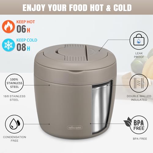 Image of wiwens Thermo Food Jar for Hot Food Adults 32OZ Soup Thermo Lunch Containers Wide Mouth Vacuum Insulated Stainless Steel Leakproof Bento Box with Spoon (Khaki)