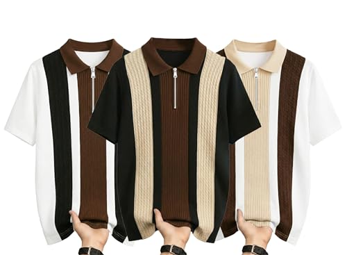 Image of AUSK Men's Textured Vertical Striped Knit Polo T-Shirt | Half Sleeve Zipper Neck Self-Design Casual Tee | Mens Tshirts