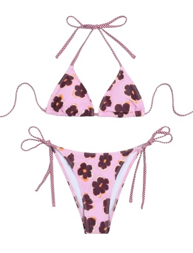 Image of ZAFUL Womens Printed Triangle Bikinis 2 Piece Halter Bikini Sets High Cut Bathing Suit Side Tie Swimsuits