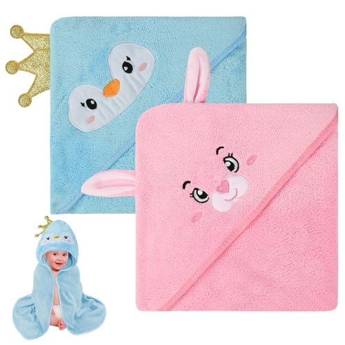 Aolso 2 Pz Asciugamano con cappuccio, 80 x 80 cm Asciugamani da Bagno per Bambini con Cappuccio, Morbidi e Assorbenti, per Neonati e Bambini 0-3 Anni -Blu/Rosa