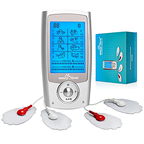 Easy@Home Rechargeable TENS Unit + EMS Muscle Stimulator, Dual Independent Channels With 20 Intensity Levels, 8 EMS or TENS Massage Types + 16-Mode, Handheld Electronic Pulse Massager, EHE029G-B