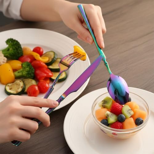Image of Elegant Handle Rainbow 30 Pcs Stainless Steel Cutlery Set for Dining Table, Dishwasher Safe Glossy Flatware (6 Spoon Set+6 Forks Set+6 Butter Knife+6 Dessert Spoon+ 6 Fruit Fork)