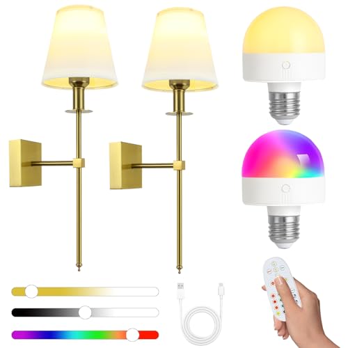Apliques de Pared Con Pilas Recargables - Luces LED Inalámbricas Para Dormitorio con Control Remoto, Luz Ajustable, 400 LM, 5000 mAh, Fácil Instalación, Para Decoración del Hogar, 2 Pack
