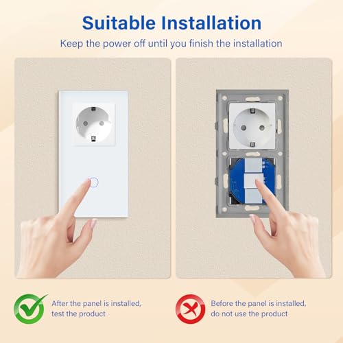 BSEED Steckdose mit Lichtschalter,Glas Touch Lichtschalter Unterputz Schalter,Schuko Steckdose mit 1 Fach 1 Wege Wandschalter Weiß(Nicht Smart Schalter)
