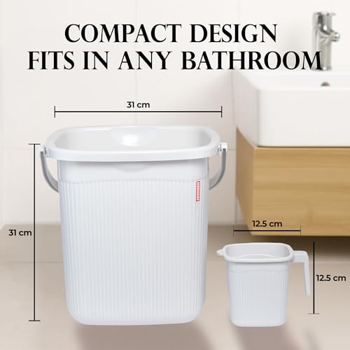 Image of Modware Square Ribbon Plastic Bucket Set with Mug | 18L Brown Bathroom Bucket with Handle + 1L Mug | Heavy-Duty Polypropylene + Co-Polymer | Stylish & Durable Bath Set (White)
