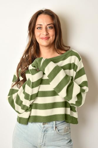 Image of Womens Striped Crop Sweater Oversized Boat Neck Ribbed Sweater Long Sleeve Lightweight Pullover Loose Knit Tops