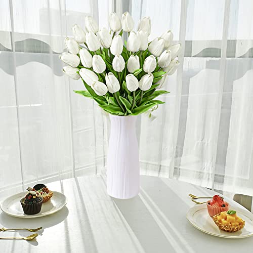 Jiftok 30Pcs White Tulips Artificial Flowers Fake Flowers For Decoration, Faux Flowers Tulips Real Touch Arrangement Bouquet For Wedding Home Office Party, Faux Flowers Bulk Gift Idea For Mothers Day #TOP6