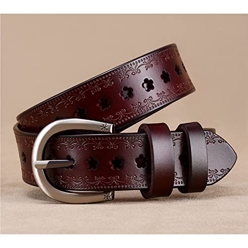 Leather Belt Women,Women's Hollow Flower Leather Belt for Jeans Pants Wide Belt for Ladies,Brown,110cm/43.3''4