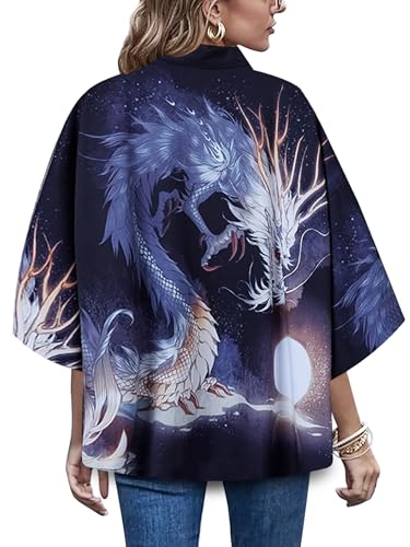 Image of LAI MENG FIVE CATS Women's Floral Print Loose Blouse Japanese Kimono Tops | Puff Sleeve,Cover up Top,Casual Cute Tops,Summer Cardigans 2026