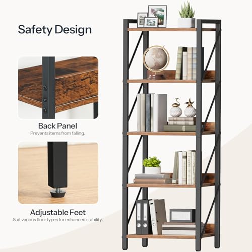 Image of HOOBRO Bookshelf, 5-Tier Industrial Bookcase, Book Shelf Storage Organizer, Tall Bookshelf with Metal Frame for Living Room, Bedroom, Home Office, Kitchen, Rustic Brown and Black BF73SJ01