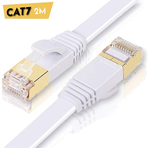 ULTRICS Cable Ethernet 2 Metros, RJ45 Cat 7 Plano Alta Velocidad Cordón de Red 10 Gbps, STP Enchufes Enchapados en Oro Línea Internet Compatible con PS4, Xbox, Enrutador, Módem, Interruptor  Blanco