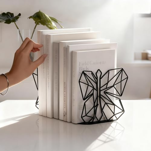 Alsonerbay Bookends Geometric Decorative Metal Book Stoppers Abstract Creative Book Supports, Book Holders for Shelves, Butterfly Book Ends for Office 1 Pair (Black)