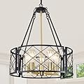 21'' Dining Room Chandelier, 5-Light Industrial Farmhouse Metal Hanging Light Fixture, Modern Kitchen Island Lighting, Black and Gold Drum Pendant Lights for Living Room, Bedroom, Foyer, Entryway