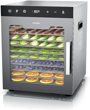Arendo - Dörrautomat Edelstahl mit 10 Edelstahlgitter - 800 W - 35°-85°C - 10 Edelstahl Einlegetabletts mit insgesamt 8400 cm² - Dörrgerät Dehydrator Obsttrockner Dörrapparat - Obs