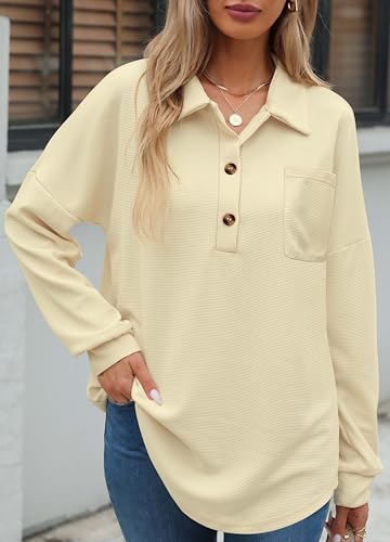 Image of ZAAYO Women Waffle Knit Tops Henley Shirts V Neck Long Sleeve Solid Color Casual Tunics Blouse