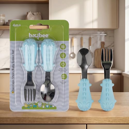Image of Baybee Stainless Steel Baby Feeding Spoons Set of 2 | Bpa Free- Food Grade Self Feeding Training Utensil Spoon & Fork | Baby & Toddlers Gum Friendly Weaning Supplies for Kids 4 Months+ (Blue)