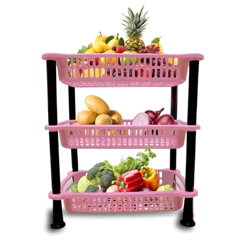 Image of patidar brothers Plastic 3 Layer Multi-Purpose Kitchen Storage Basket Rack|Vegetable Basket For Kitchen (color:Navy Pink)