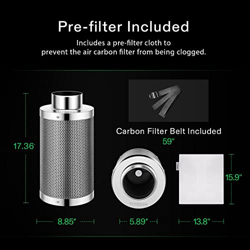Vivosun 6 Inch Air Carbon Filter Smelliness Control With Australia Virgin Charcoal For Inline Duct Fan, Grow Tent, Pre-Filter Included, Reversible Flange 6"X 18" #TOP5