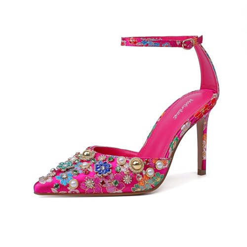 Mofirdast Womens Ankle Strap Colorful Rhinestones Heels Floral Print Embroidery Pumps Sandals Wedding Daily Dressy Prom Party Shoes Rose Red Size 9