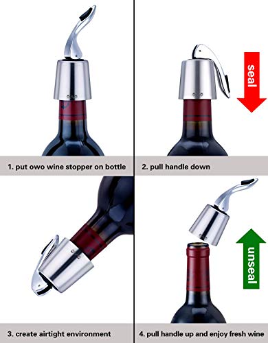 OWO Wine bottle Stopper with Stainless Steel, Wine Preserver, Decorative Wine Saver Vacuum Plug with Silicone, Expanding Beverage Bottle Stopper, Reusable Wine Cork Keeps Wine Fresh (Silver)