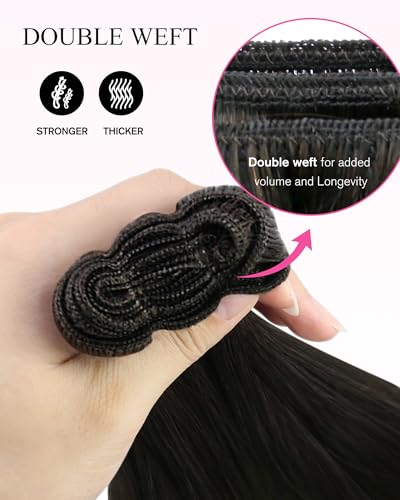 Image of YoungSee Human Hair Sew in Extensions Darkest Brown Hand Tied Weft Hair Extensions Human Hair Dark Brown Sew in Hair Extensions Short Straight Hair 14Inch 70G