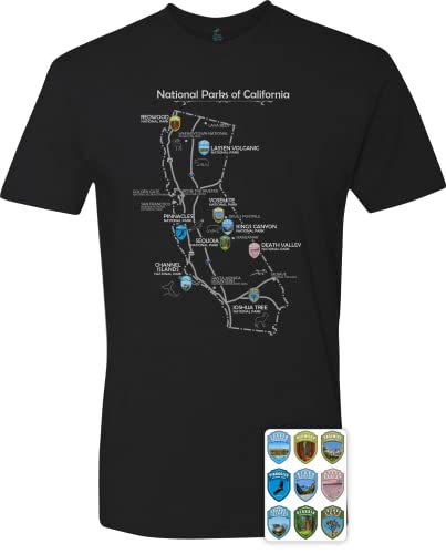T-shirt (XL) with California State National Parks print. Map and shields of national parks. Comes with nine stickers 2.0 x 2.9 inches each in vinyl. (Black)